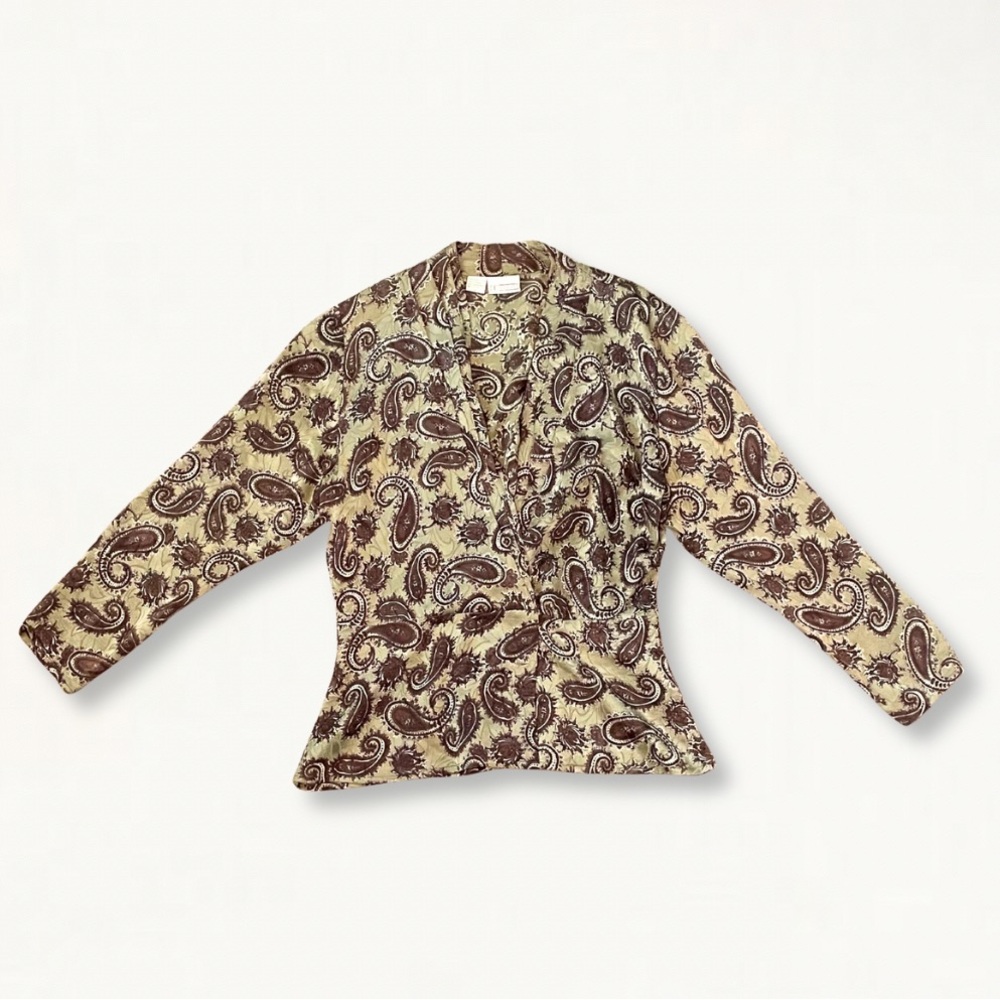 Vintage 1990s Neutral Tan + Brown Paisley Print 100% Silk V-Neck Blouse - Picture 10 of 11
